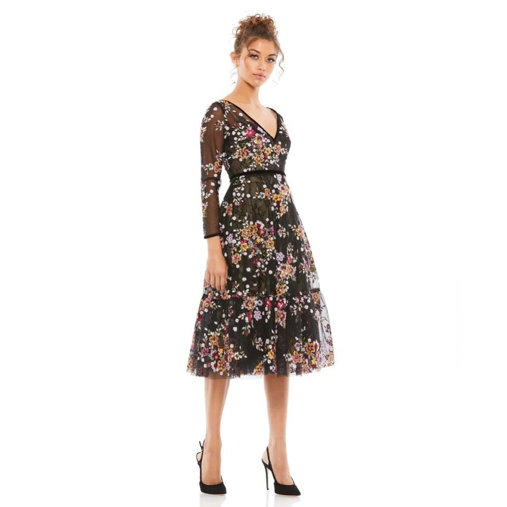 Mac Duggal Black Floral Embroidered Long Sleeve Midi Dress